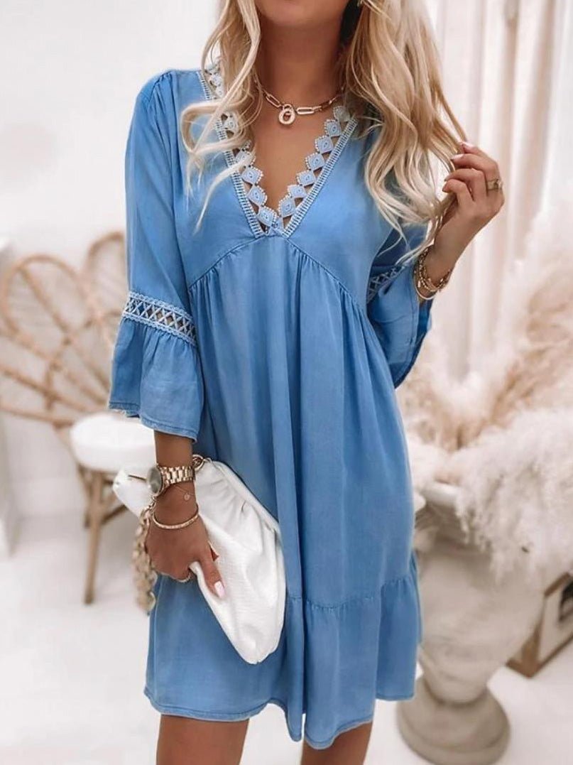 Women's Dresses Lace V-Neck 3/4 Sleeve Dress - Mini Dresses - Instastyled | Online Fashion Free Shipping Clothing, Dresses, Tops, Shoes - 17/03/2022 - 40-50 - Casual Dresses