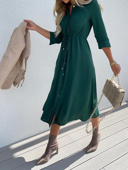 Women's Dresses Lapel Button Belted Mid Sleeve Dress - Midi Dresses - Instastyled | Online Fashion Free Shipping Clothing, Dresses, Tops, Shoes - 12/01/2022 - 30-40 - color-black