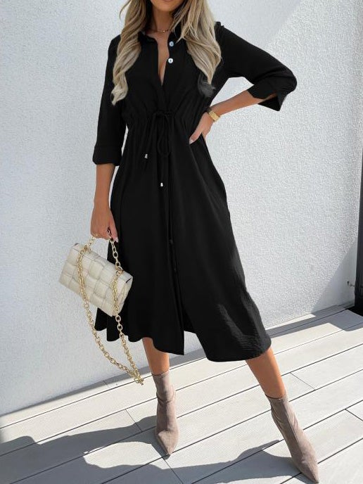 Women's Dresses Lapel Button Belted Mid Sleeve Dress - Midi Dresses - Instastyled | Online Fashion Free Shipping Clothing, Dresses, Tops, Shoes - 12/01/2022 - 30-40 - color-black