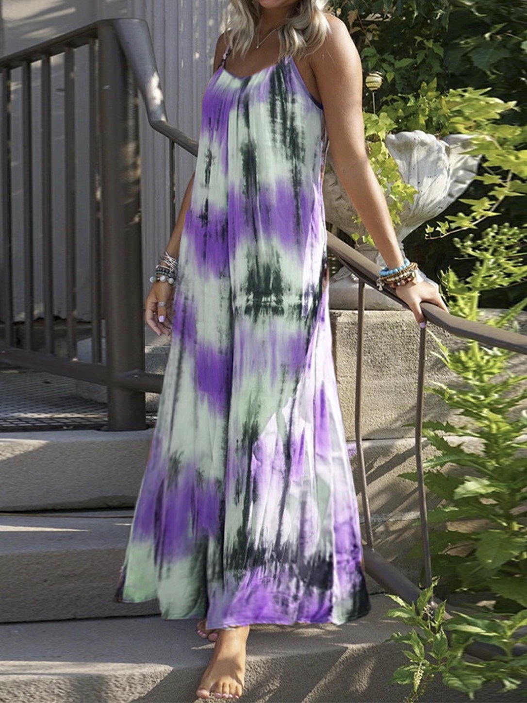 Women's Dresses Loose Tie Dye Striped Print Slip Dress - Maxi Dresses - Instastyled | Online Fashion Free Shipping Clothing, Dresses, Tops, Shoes - 22/02/2022 - Color_Blue - Color_Green