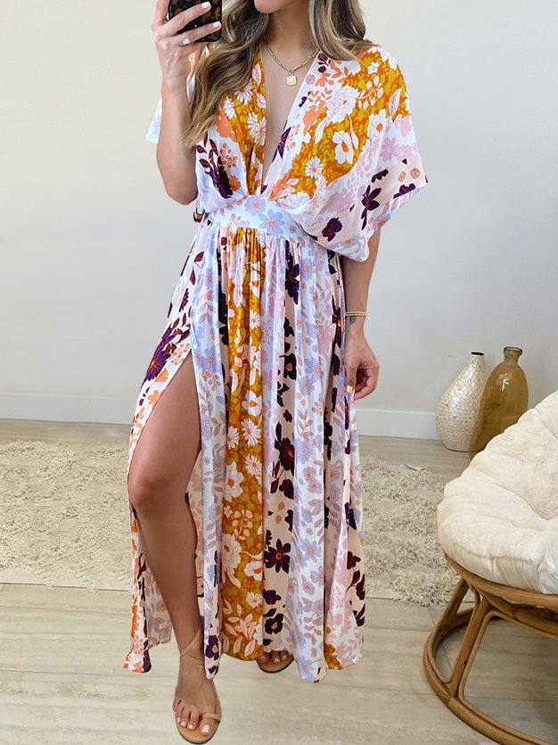 Women's Dresses Loose V-Neck Print High Slit Dress - Maxi Dresses - Instastyled | Online Fashion Free Shipping Clothing, Dresses, Tops, Shoes - 06/01/2022 - 30-40 - color-gray