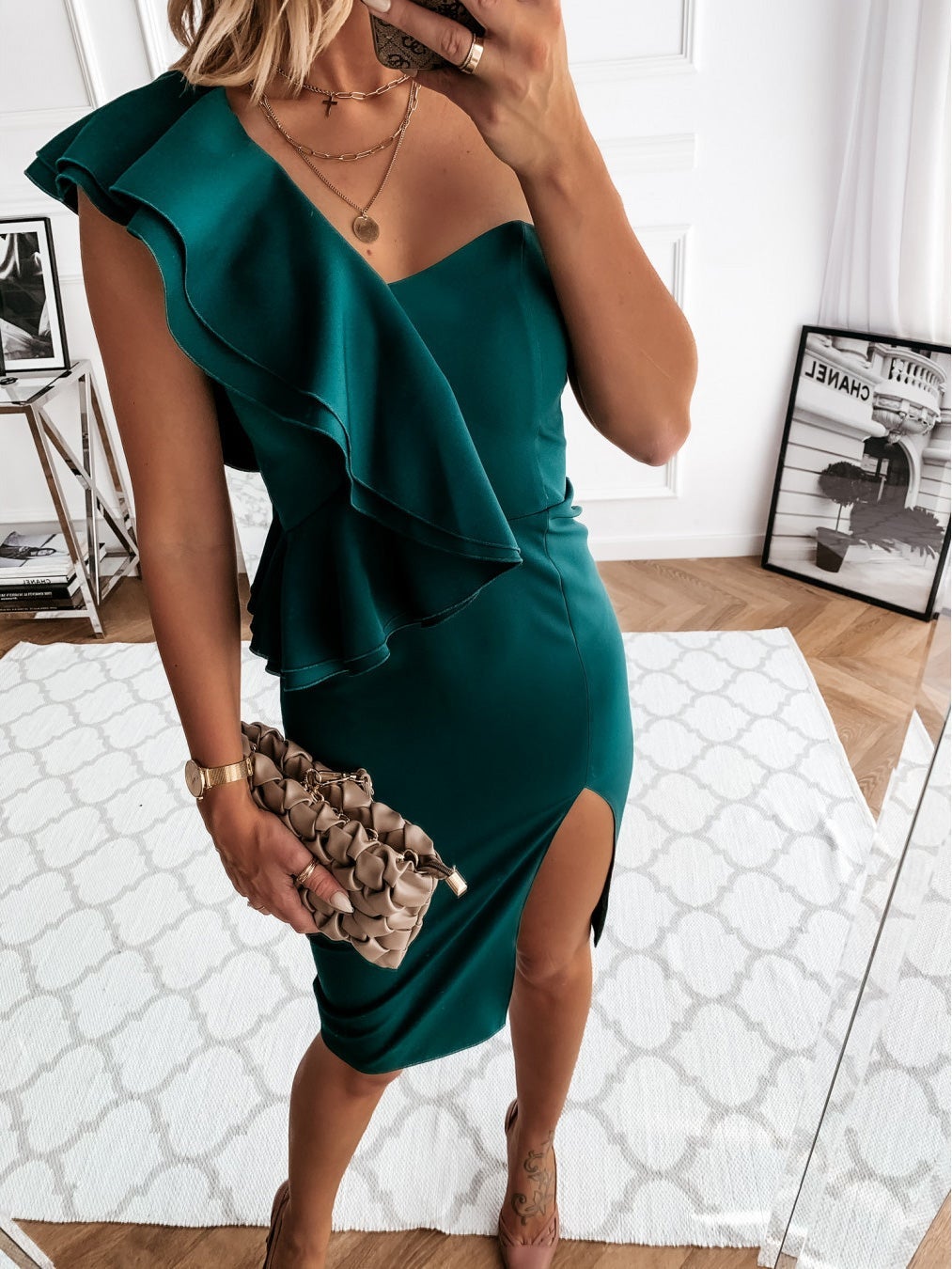 Women's Dresses One Shoulder Ruffled Slit Dress - Midi Dresses - Instastyled | Online Fashion Free Shipping Clothing, Dresses, Tops, Shoes - 19/01/2022 - 40-50 - color-black