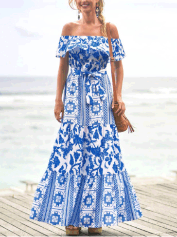 Women's Dresses One Word Collar Belted Print Dress - Maxi Dresses - Instastyled | Online Fashion Free Shipping Clothing, Dresses, Tops, Shoes - 08/04/2022 - 40-50 - color-blue