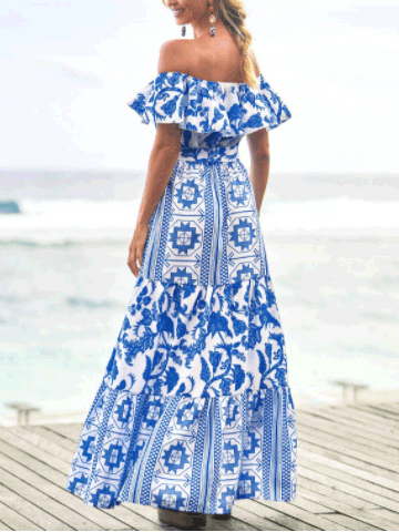 Women's Dresses One Word Collar Belted Print Dress - Maxi Dresses - Instastyled | Online Fashion Free Shipping Clothing, Dresses, Tops, Shoes - 08/04/2022 - 40-50 - color-blue