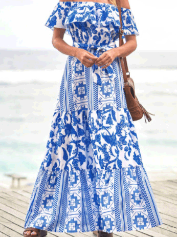 Women's Dresses One Word Collar Belted Print Dress - Maxi Dresses - Instastyled | Online Fashion Free Shipping Clothing, Dresses, Tops, Shoes - 08/04/2022 - 40-50 - color-blue