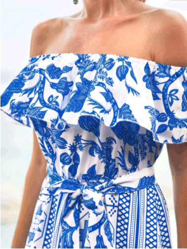 Women's Dresses One Word Collar Belted Print Dress - Maxi Dresses - Instastyled | Online Fashion Free Shipping Clothing, Dresses, Tops, Shoes - 08/04/2022 - 40-50 - color-blue