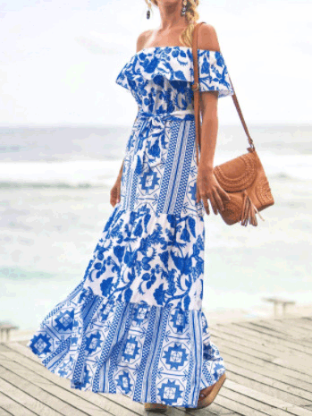 Women's Dresses One Word Collar Belted Print Dress - Maxi Dresses - Instastyled | Online Fashion Free Shipping Clothing, Dresses, Tops, Shoes - 08/04/2022 - 40-50 - color-blue