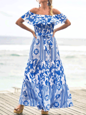 Women's Dresses One Word Collar Belted Print Dress - Maxi Dresses - Instastyled | Online Fashion Free Shipping Clothing, Dresses, Tops, Shoes - 08/04/2022 - 40-50 - color-blue