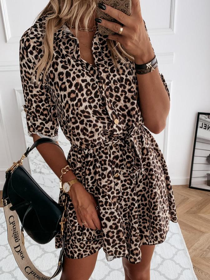 Women's Dresses Printed Belted Long Sleeve Shirt Dress - Mini Dresses - Instastyled | Online Fashion Free Shipping Clothing, Dresses, Tops, Shoes - 07/12/2021 - 20-30 - color-black