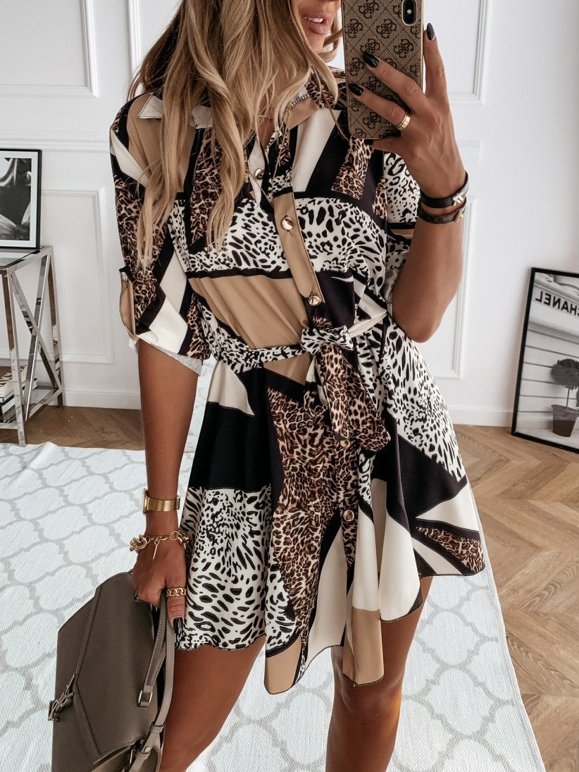 Women's Dresses Printed Belted Long Sleeve Shirt Dress - Mini Dresses - Instastyled | Online Fashion Free Shipping Clothing, Dresses, Tops, Shoes - 07/12/2021 - 20-30 - color-black