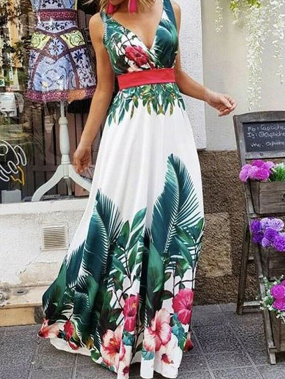 Women's Dresses Printed Deep V-Neck Sleeveless Dress - Maxi Dresses - Instastyled | Online Fashion Free Shipping Clothing, Dresses, Tops, Shoes - 09/03/2022 - 30-40 - color-white