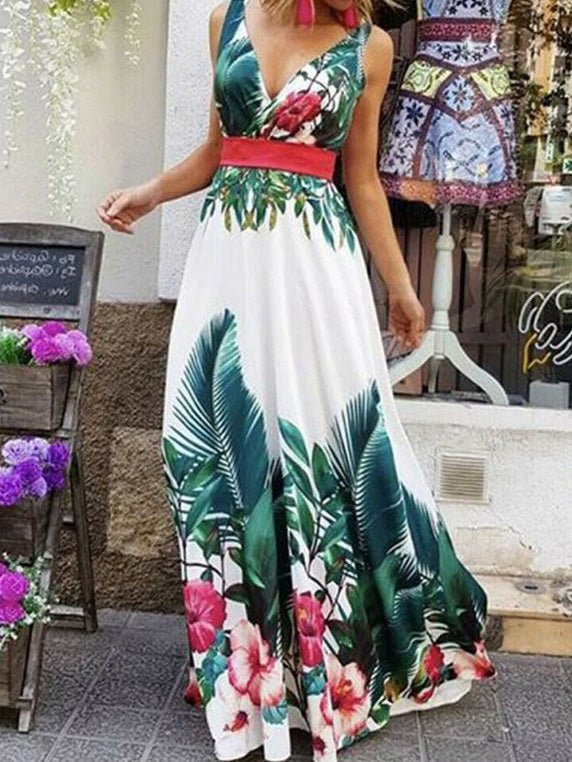 Women's Dresses Printed Deep V-Neck Sleeveless Dress - Maxi Dresses - Instastyled | Online Fashion Free Shipping Clothing, Dresses, Tops, Shoes - 09/03/2022 - 30-40 - color-white