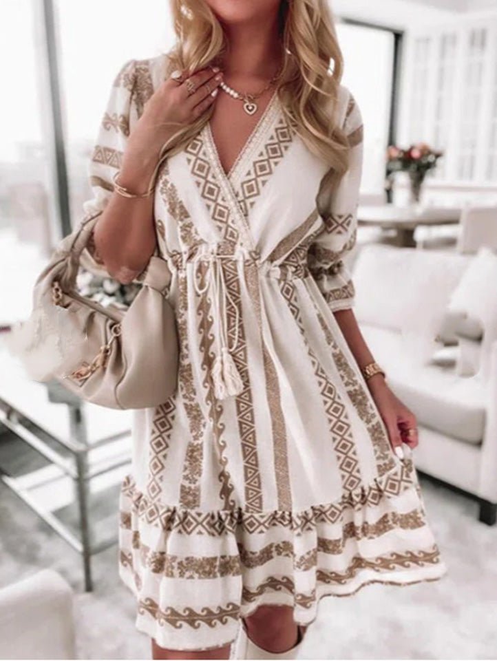 Women's Dresses Printed V-Neck Belted Mid-Sleeve Dress - Mini Dresses - Instastyled | Online Fashion Free Shipping Clothing, Dresses, Tops, Shoes - 18/03/2022 - Color_White - DRE2203183828