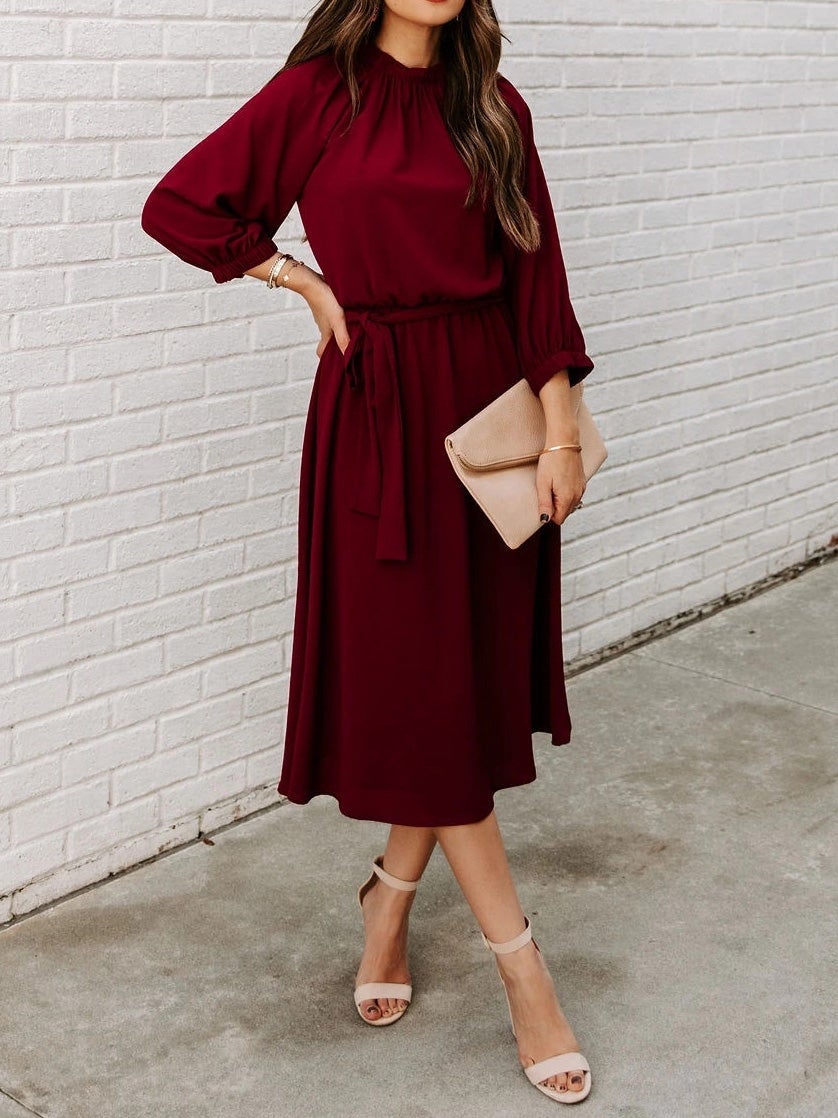 Women's Dresses Round Neck Belted Long Sleeve Dress - Maxi Dresses - Instastyled | Online Fashion Free Shipping Clothing, Dresses, Tops, Shoes - 12/01/2022 - 30-40 - color-dark_green