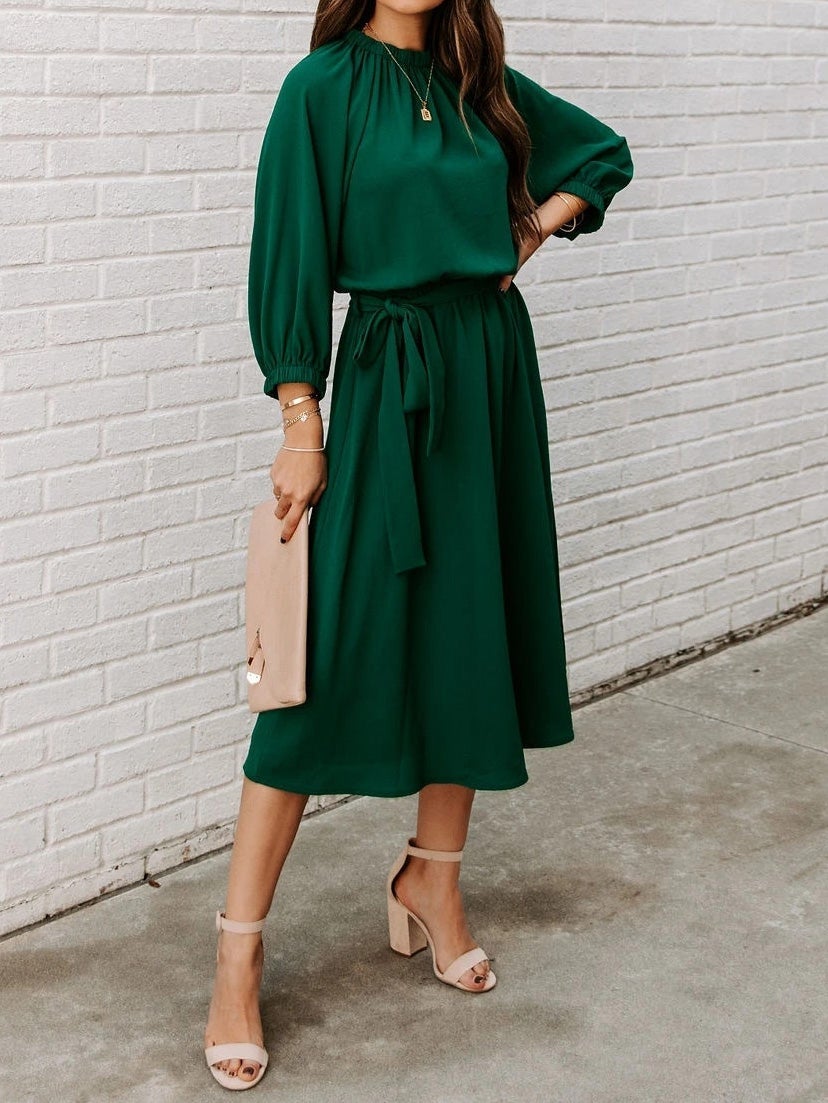 Women's Dresses Round Neck Belted Long Sleeve Dress - Maxi Dresses - Instastyled | Online Fashion Free Shipping Clothing, Dresses, Tops, Shoes - 12/01/2022 - 30-40 - color-dark_green