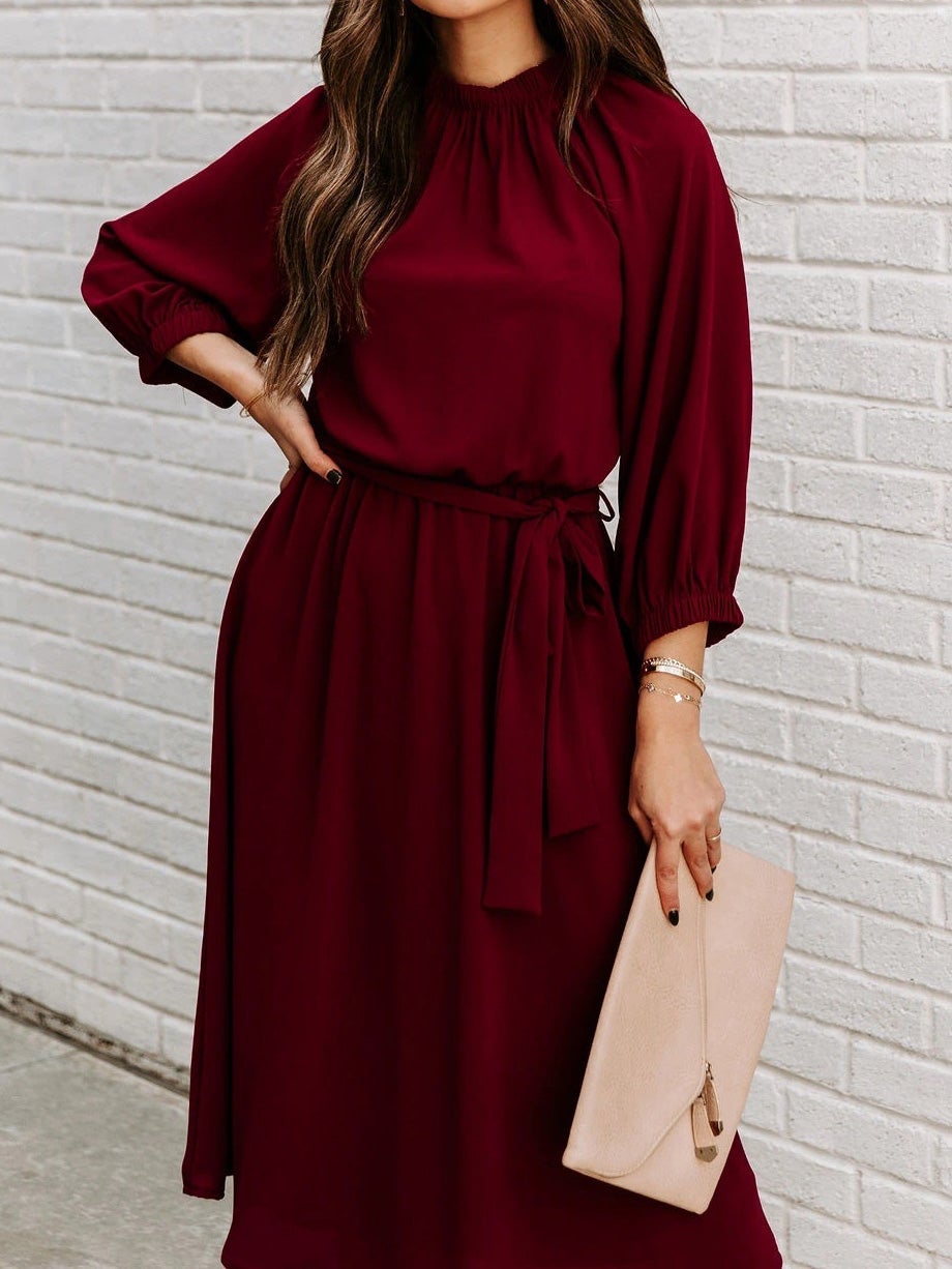 Women's Dresses Round Neck Belted Long Sleeve Dress - Maxi Dresses - Instastyled | Online Fashion Free Shipping Clothing, Dresses, Tops, Shoes - 12/01/2022 - 30-40 - color-dark_green