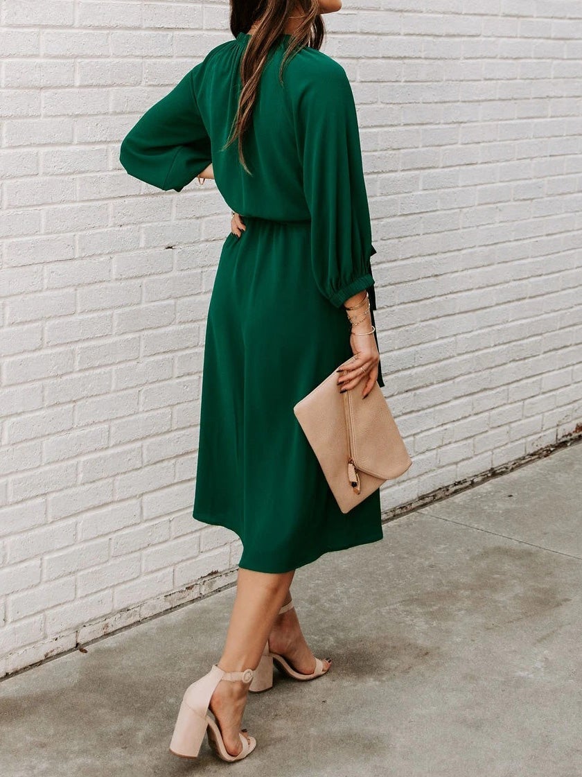 Women's Dresses Round Neck Belted Long Sleeve Dress - Maxi Dresses - Instastyled | Online Fashion Free Shipping Clothing, Dresses, Tops, Shoes - 12/01/2022 - 30-40 - color-dark_green