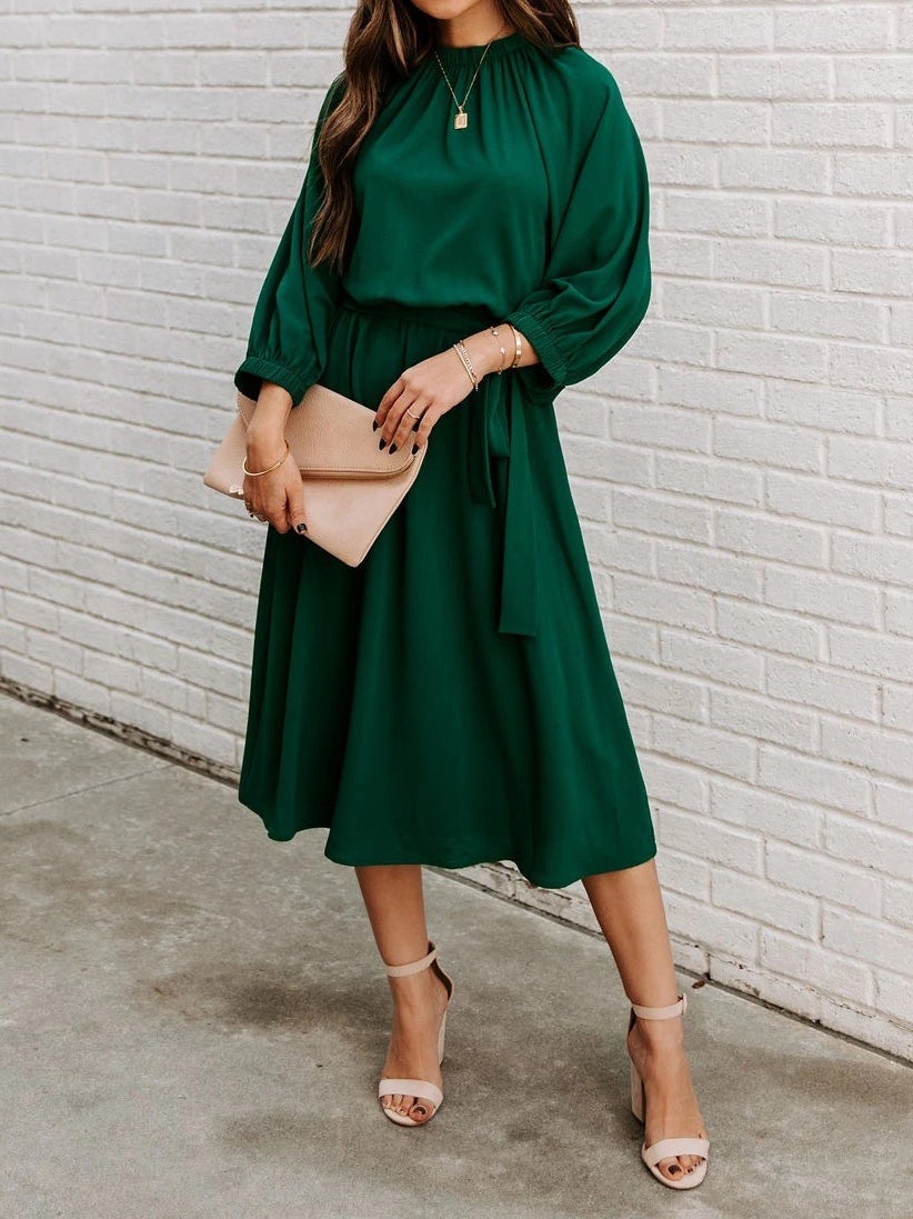 Women's Dresses Round Neck Belted Long Sleeve Dress - Maxi Dresses - Instastyled | Online Fashion Free Shipping Clothing, Dresses, Tops, Shoes - 12/01/2022 - 30-40 - color-dark_green