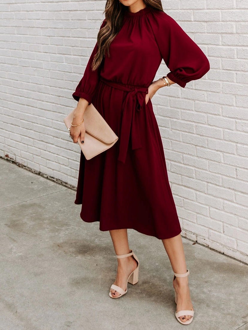 Women's Dresses Round Neck Belted Long Sleeve Dress - Maxi Dresses - Instastyled | Online Fashion Free Shipping Clothing, Dresses, Tops, Shoes - 12/01/2022 - 30-40 - color-dark_green