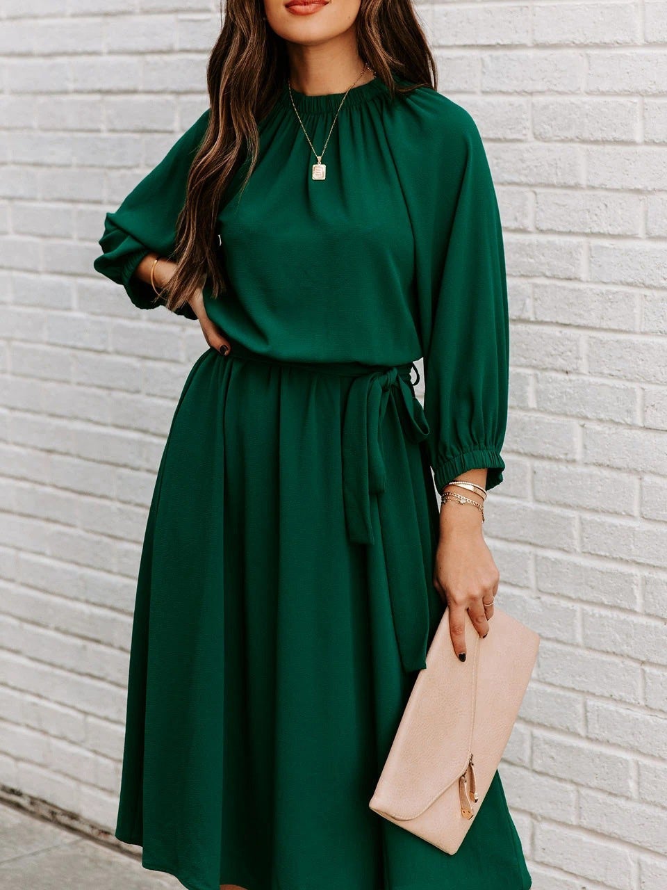 Women's Dresses Round Neck Belted Long Sleeve Dress - Maxi Dresses - Instastyled | Online Fashion Free Shipping Clothing, Dresses, Tops, Shoes - 12/01/2022 - 30-40 - color-dark_green