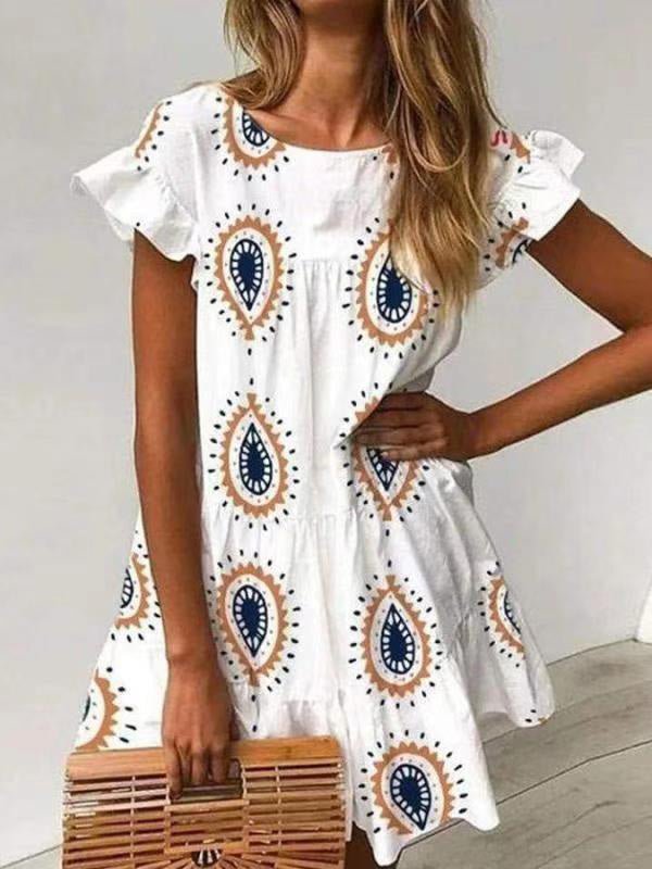 Women's Dresses Round Neck Printed Short Sleeve Dress - Mini Dresses - Instastyled | Online Fashion Free Shipping Clothing, Dresses, Tops, Shoes - 06/04/2022 - 20-30 - color-white