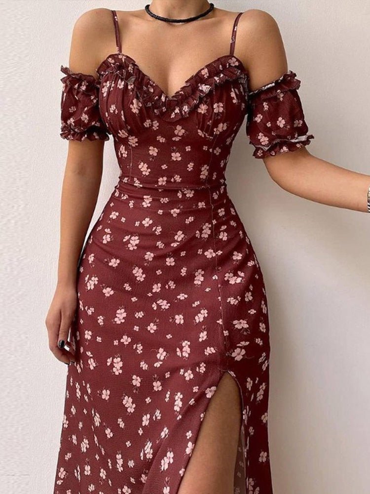 Women's Dresses Sling Floral Off-Shoulder Slit Dress - Midi Dresses - Instastyled | Online Fashion Free Shipping Clothing, Dresses, Tops, Shoes - 13/04/2022 - 30-40 - color-blue