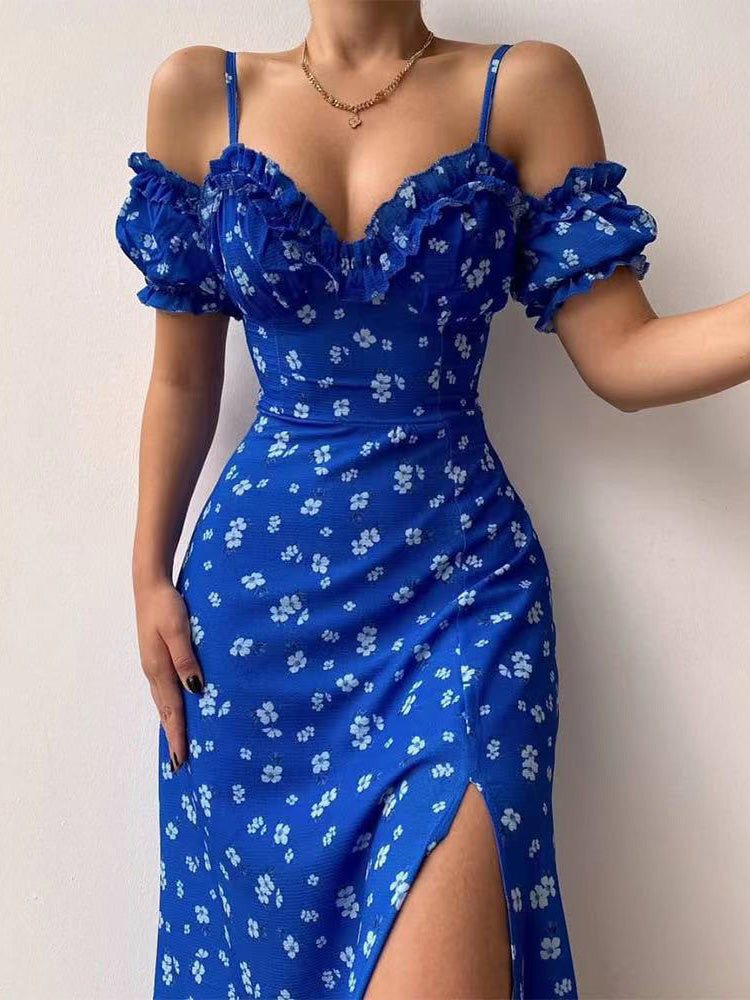 Women's Dresses Sling Floral Off-Shoulder Slit Dress - Midi Dresses - Instastyled | Online Fashion Free Shipping Clothing, Dresses, Tops, Shoes - 13/04/2022 - 30-40 - color-blue