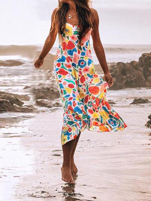 Women's Dresses Sling Print Ruffle Sleeveless Dress - Maxi Dresses - Instastyled | Online Fashion Free Shipping Clothing, Dresses, Tops, Shoes - 15/04/2022 - 30-40 - color-multi