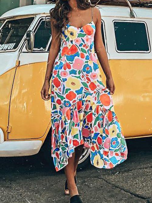 Women's Dresses Sling Print Ruffle Sleeveless Dress - Maxi Dresses - Instastyled | Online Fashion Free Shipping Clothing, Dresses, Tops, Shoes - 15/04/2022 - 30-40 - color-multi