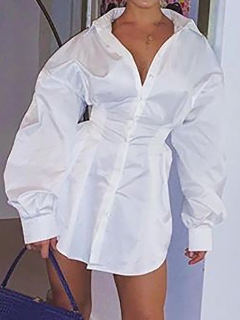 Women's Dresses Solid Deep V Neck Gathered Shirt Dress - Mini Dresses - Instastyled | Online Fashion Free Shipping Clothing, Dresses, Tops, Shoes - 12/01/2022 - 40-50 - color-white