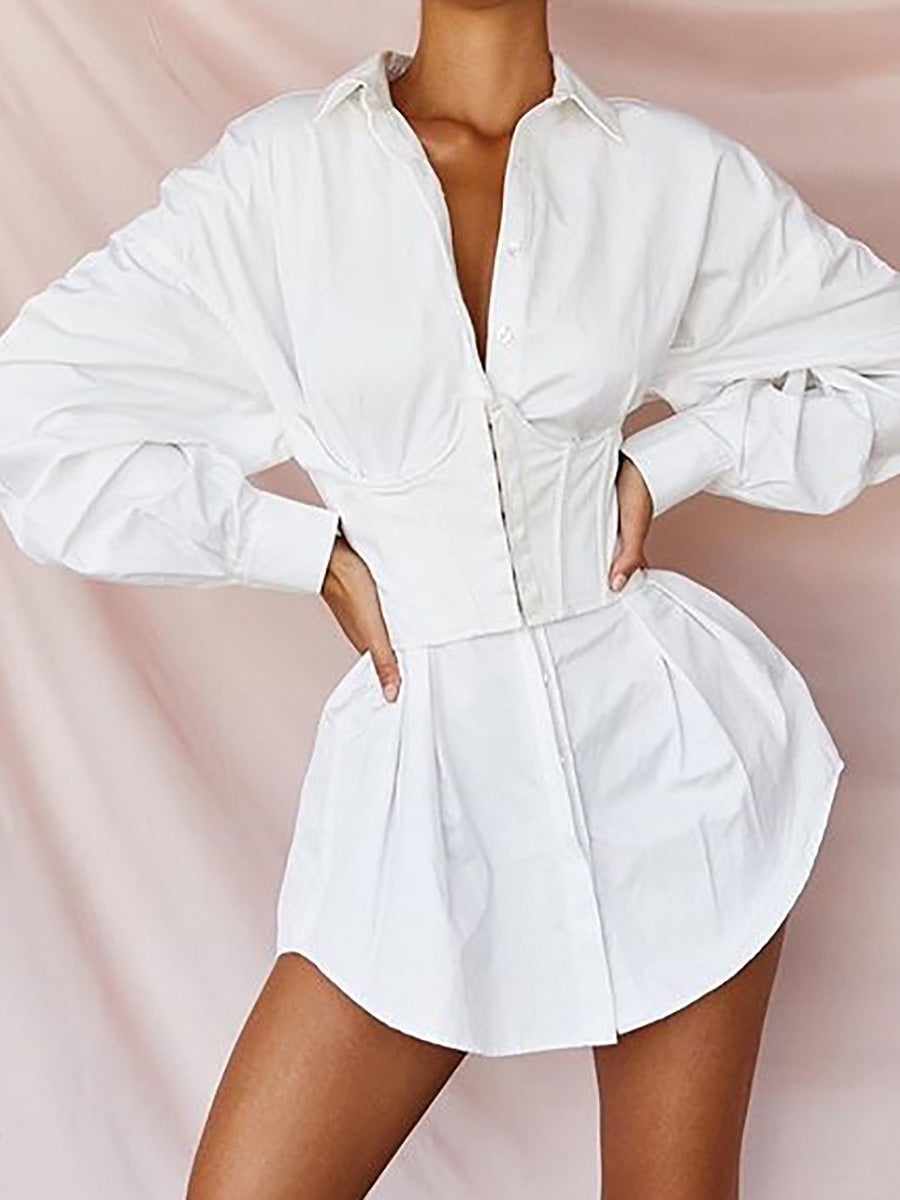 Women's Dresses Solid Deep V Neck Gathered Shirt Dress - Mini Dresses - Instastyled | Online Fashion Free Shipping Clothing, Dresses, Tops, Shoes - 12/01/2022 - 40-50 - color-white