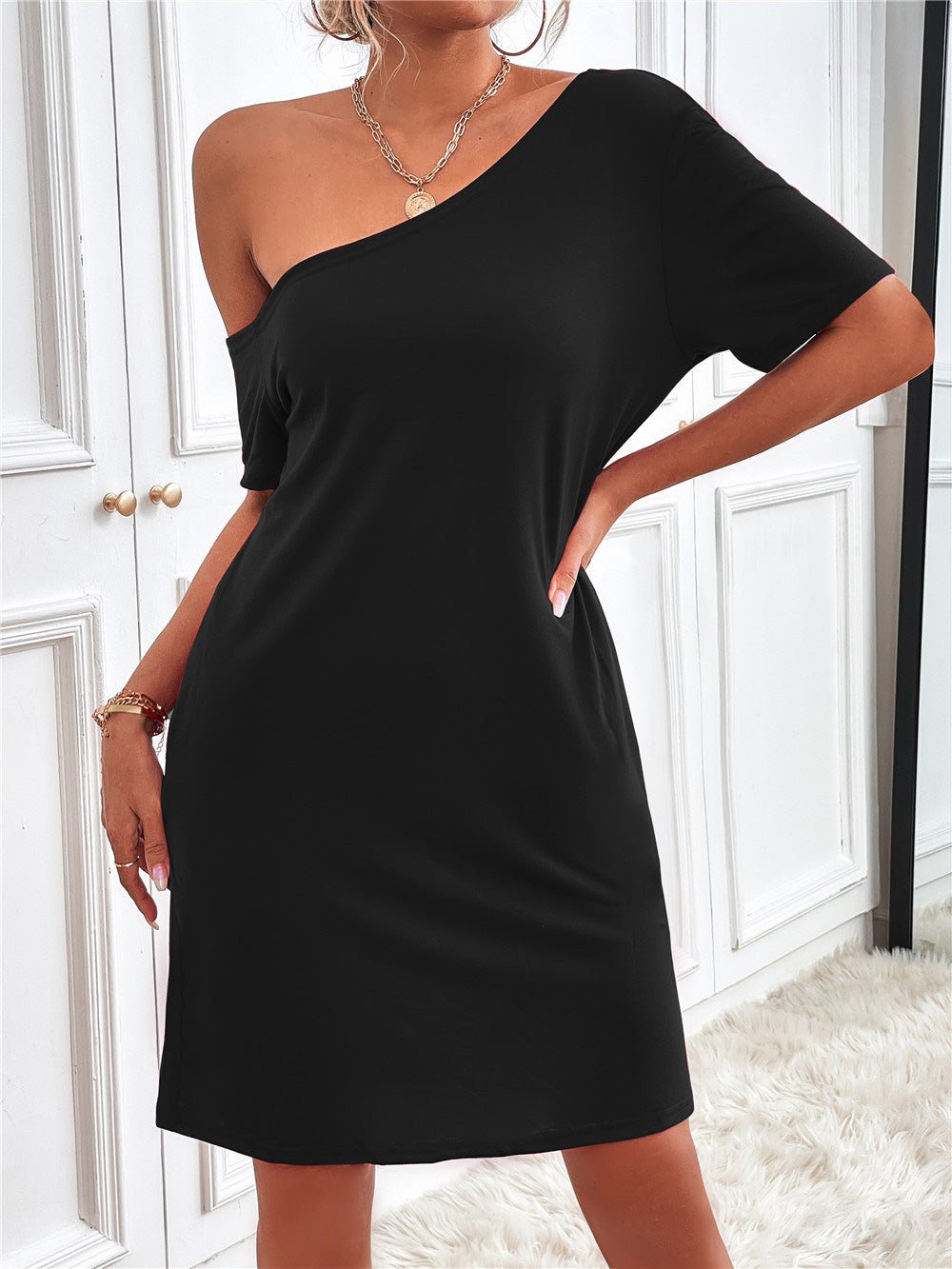 Women's Dresses Solid Slanted Shoulder Slim Dress - Mini Dresses - Instastyled | Online Fashion Free Shipping Clothing, Dresses, Tops, Shoes - 17/02/2022 - 20-30 - Casual Dresses