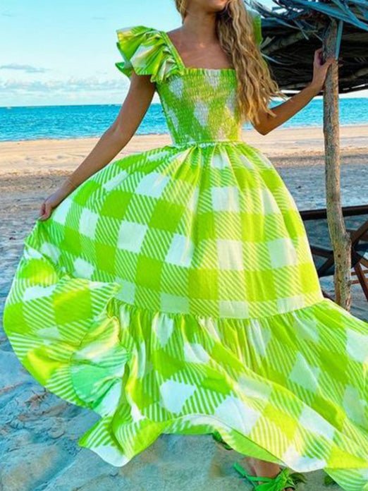 Women's Dresses Square Neck Check Print Beach Dress - Maxi Dresses - Instastyled | Online Fashion Free Shipping Clothing, Dresses, Tops, Shoes - 14/04/2022 - 40-50 - color-green