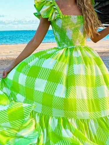 Women's Dresses Square Neck Check Print Beach Dress - Maxi Dresses - Instastyled | Online Fashion Free Shipping Clothing, Dresses, Tops, Shoes - 14/04/2022 - 40-50 - color-green