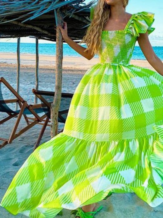 Women's Dresses Square Neck Check Print Beach Dress - Maxi Dresses - Instastyled | Online Fashion Free Shipping Clothing, Dresses, Tops, Shoes - 14/04/2022 - 40-50 - color-green