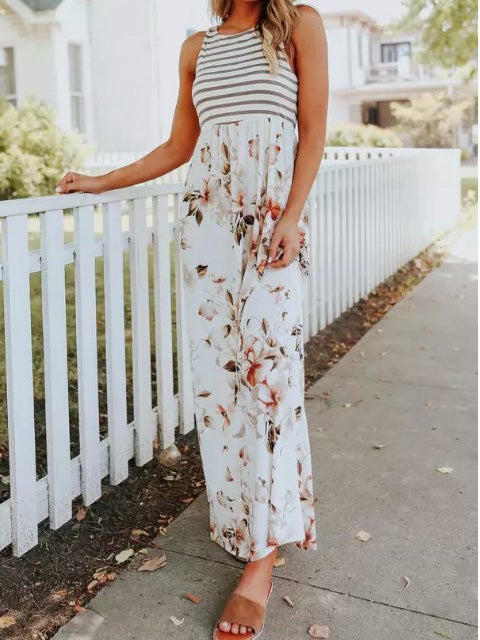 Women's Dresses Striped Floral Print Sleeveless Dress - Maxi Dresses - Instastyled | Online Fashion Free Shipping Clothing, Dresses, Tops, Shoes - 20-30 - 22/01/2022 - color-white