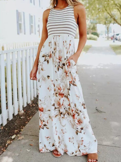 Women's Dresses Striped Floral Print Sleeveless Dress - Maxi Dresses - Instastyled | Online Fashion Free Shipping Clothing, Dresses, Tops, Shoes - 20-30 - 22/01/2022 - color-white