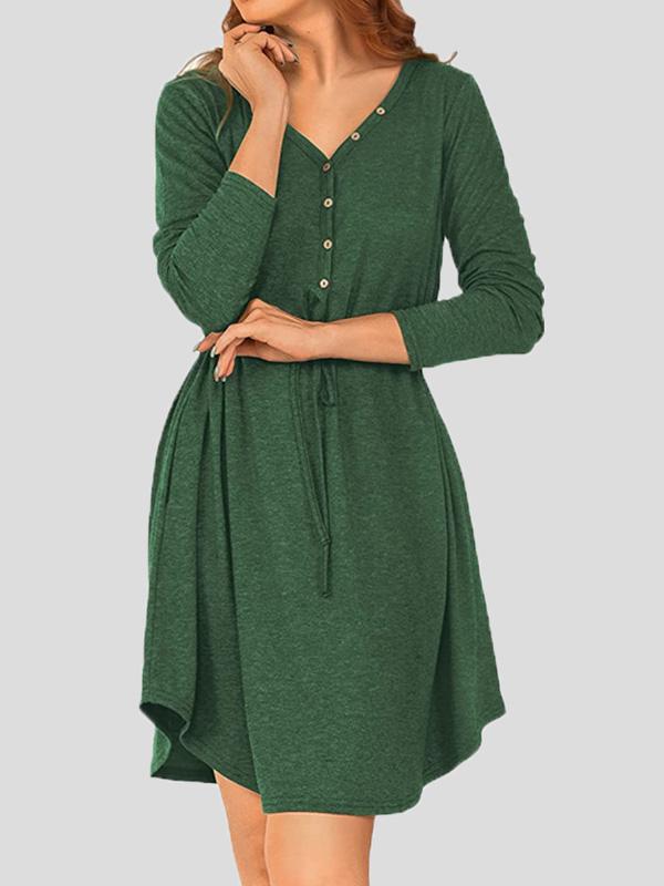 Women's Dresses V-Neck Long Sleeve Button Belt Dress - Midi Dresses - INS | Online Fashion Free Shipping Clothing, Dresses, Tops, Shoes - 17/09/2021 - Category_Midi Dresses - Color_Black