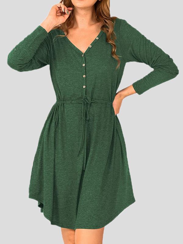 Women's Dresses V-Neck Long Sleeve Button Belt Dress - Midi Dresses - INS | Online Fashion Free Shipping Clothing, Dresses, Tops, Shoes - 17/09/2021 - Category_Midi Dresses - Color_Black