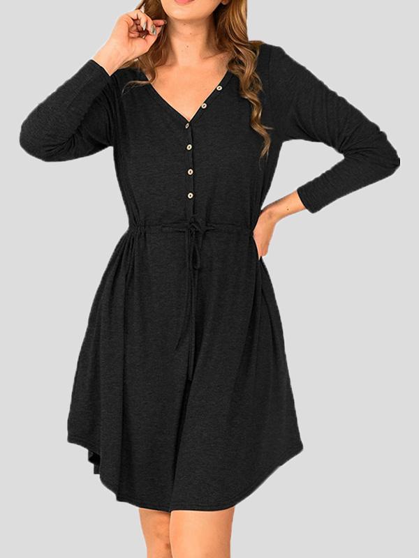 Women's Dresses V-Neck Long Sleeve Button Belt Dress - Midi Dresses - INS | Online Fashion Free Shipping Clothing, Dresses, Tops, Shoes - 17/09/2021 - Category_Midi Dresses - Color_Black