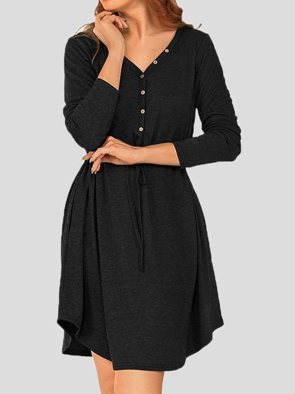 Women's Dresses V-Neck Long Sleeve Button Belt Dress - Midi Dresses - INS | Online Fashion Free Shipping Clothing, Dresses, Tops, Shoes - 17/09/2021 - Category_Midi Dresses - Color_Black