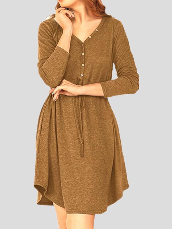 Women's Dresses V-Neck Long Sleeve Button Belt Dress - Midi Dresses - INS | Online Fashion Free Shipping Clothing, Dresses, Tops, Shoes - 17/09/2021 - Category_Midi Dresses - Color_Black