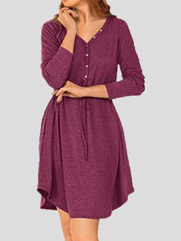 Women's Dresses V-Neck Long Sleeve Button Belt Dress - Midi Dresses - INS | Online Fashion Free Shipping Clothing, Dresses, Tops, Shoes - 17/09/2021 - Category_Midi Dresses - Color_Black