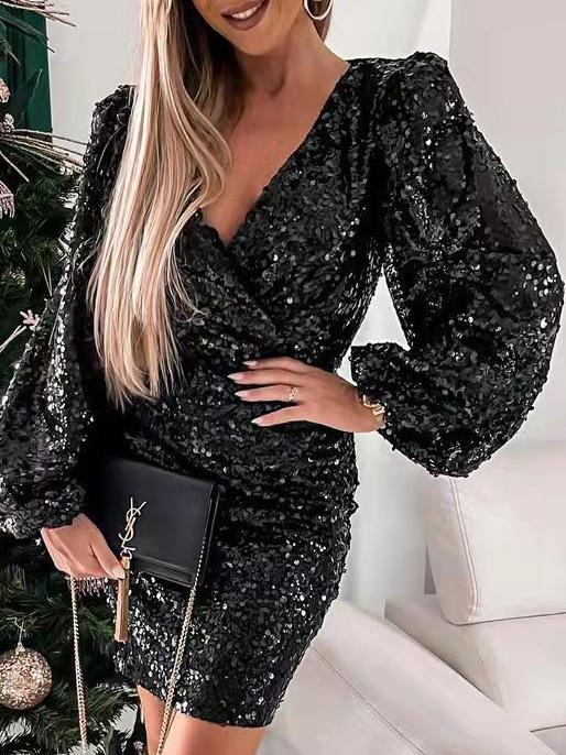 Women's Dresses V-Neck Sequined Puff Long Sleeve Dress - Mini Dresses - Instastyled | Online Fashion Free Shipping Clothing, Dresses, Tops, Shoes - 10/12/2021 - 30-40 - color-black