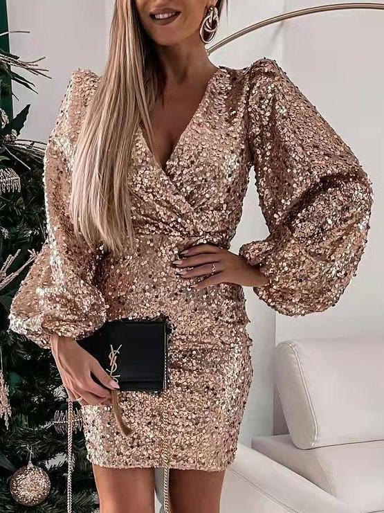 Women's Dresses V-Neck Sequined Puff Long Sleeve Dress - Mini Dresses - Instastyled | Online Fashion Free Shipping Clothing, Dresses, Tops, Shoes - 10/12/2021 - 30-40 - color-black