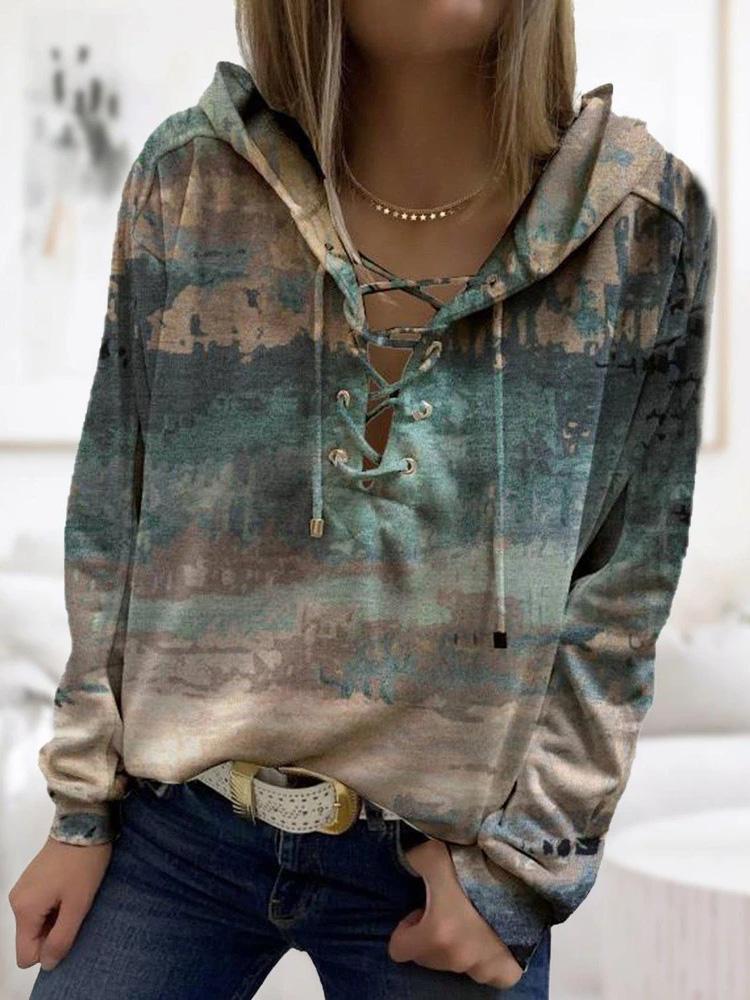 Women's Hoodies Ink Print Long Sleeve Cross-Tie Hoody - Hoodies - INS | Online Fashion Free Shipping Clothing, Dresses, Tops, Shoes - 17/09/2021 - 30-40 - Category_Hoodies