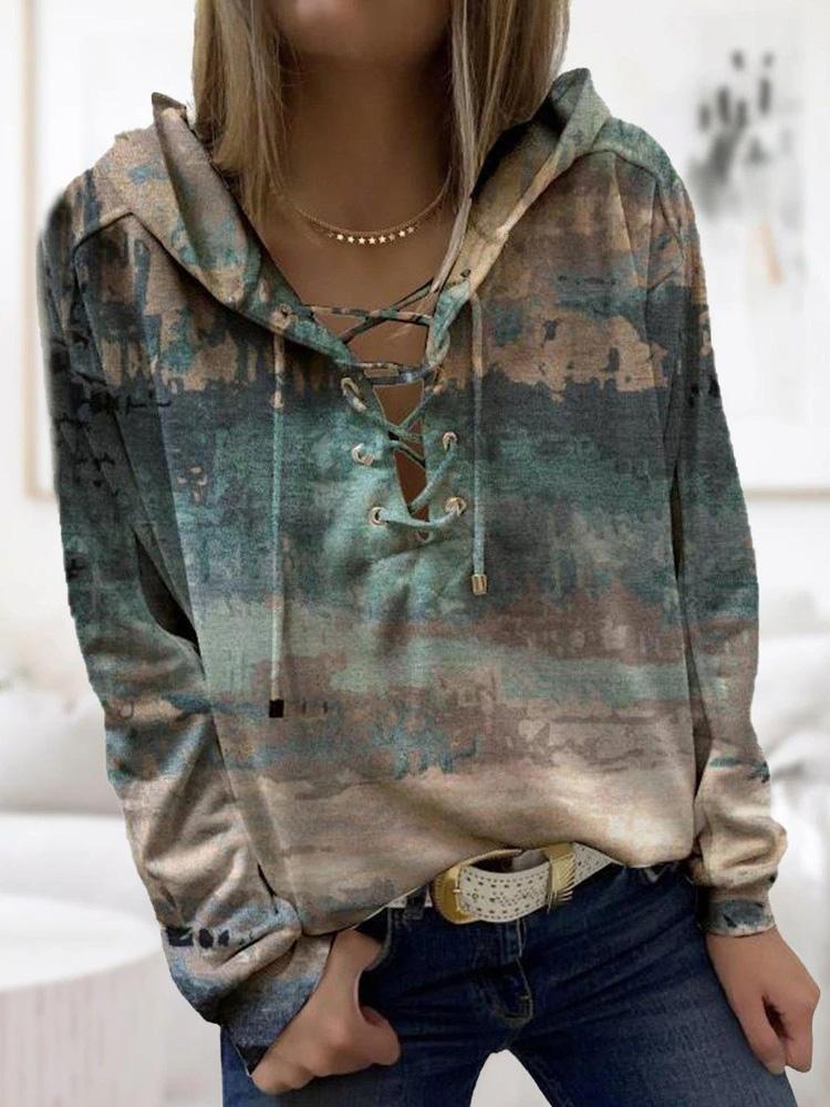 Women's Hoodies Ink Print Long Sleeve Cross-Tie Hoody - Hoodies - INS | Online Fashion Free Shipping Clothing, Dresses, Tops, Shoes - 17/09/2021 - 30-40 - Category_Hoodies